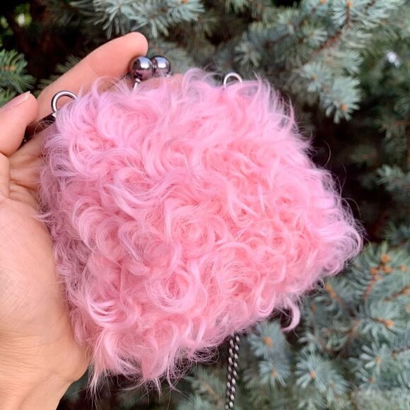 Pink Real Shearling Handmade Kisslock Mini Clutch, Coin Pouch, Crossbody - Picture 7 of 11